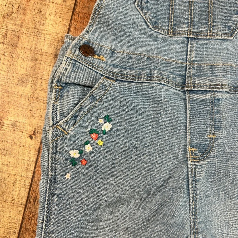 OshKosh B'gosh Blue Denim Floral Strawberry Embroidered Snap Leg Overalls 18M